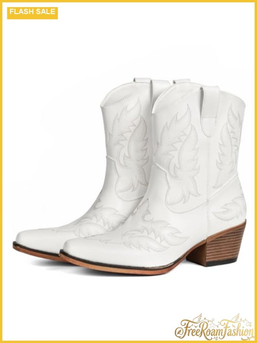 Faux Leather Western Ankle Boots Pointed Toe Block Heel Embroidered